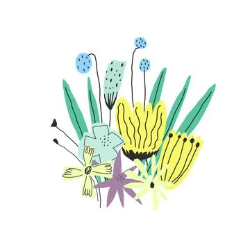 Vector illustration. Stylized fresh colors funny flowers bouquet Illustrazione stock