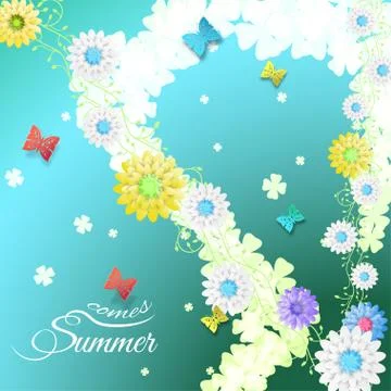 Vector illustration of Summer comes on the gradient green and blue backgrou.. Stock Illustration