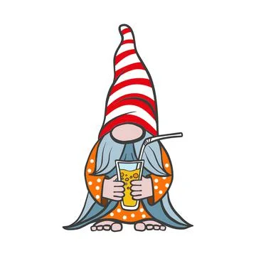 Vector illustration of a summer gnome, an elf in a cap with a glass in his hand Stock Illustration