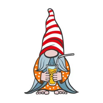 Vector illustration of a summer gnome, an elf in a cap with a glass in his hand Stock Illustration