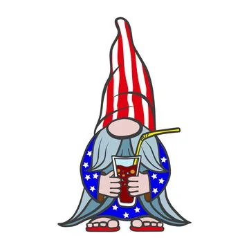 Vector illustration of a summer gnome, an elf in a cap with a glass in his hand Stock Illustration