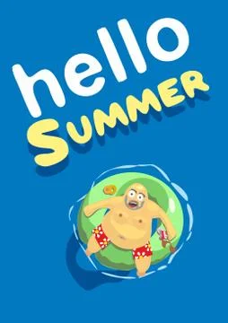 Vector illustration. Summer hello. fat man on mattress swim Stock Illustration