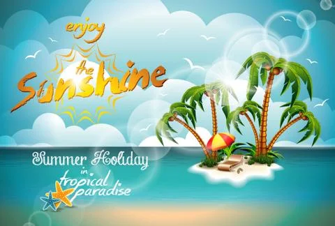 Vector illustration on a summer holiday theme with paradise island Stock Illustration
