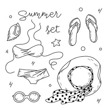 Vector illustration of summer items. Hat, flip flops and swimsuit. Stock Illustration