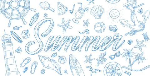 Vector illustration of a summer lettering background in a doodle style, fea.. Stock-Illustration