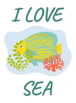Vector illustration. Summer postcard template I love the sea with fish Stock Illustration