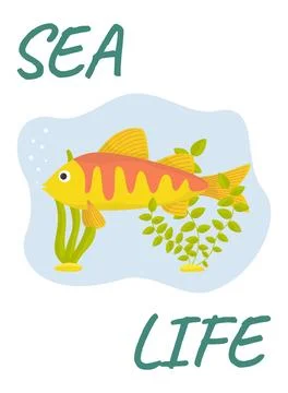 Vector illustration. Summer postcard template Sea life with fish Stock Illustration