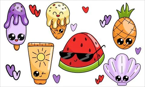 Vector illustration of summer set. Watermelon, ice cream, pineapple, shell Stock Illustration