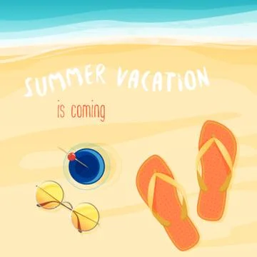 Vector illustration of summer vacation is coming text with sunglasses, cocktail Stock Illustration