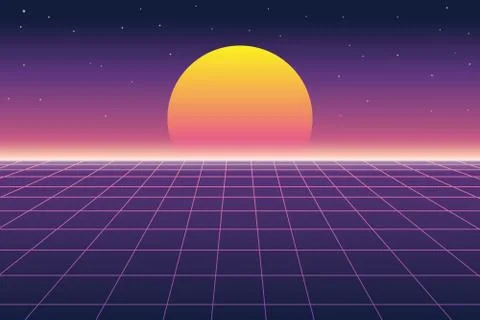 Vector illustration of sun and digital landscape in retro futuristic background  Stock Illustration