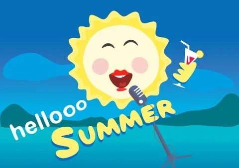 Vector illustration. The sun sings into the microphone. Summertime holiday Stock Illustration