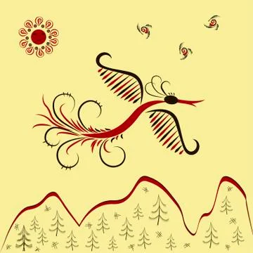 Vector illustration Sunbird flying over mountains Illustrazione stock