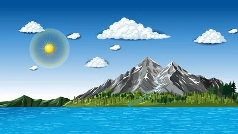 Vector Illustration of Sunny Mountain Peak and Blue Lake Landscape Stock Illustration