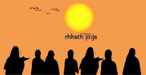 Vector Illustration of Sunrise and reflection on water. Chhath is an ancient  Stock Illustration
