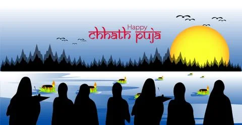 Vector Illustration of Sunrise and reflection on water. Chhath is an ancient  Stock Illustration