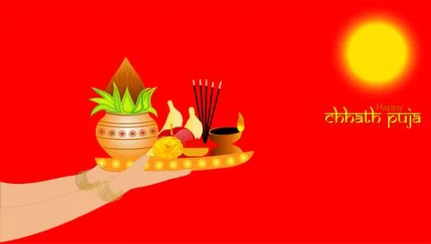 Vector Illustration of Sunrise and reflection on water. Chhath is an ancient  Stock Illustration