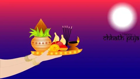 Vector Illustration of Sunrise and reflection on water. Chhath is an ancient  Stockillustratie