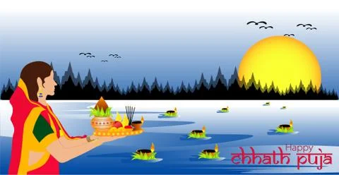 Vector Illustration of Sunrise and reflection on water. Chhath is an ancient  Stockillustratie