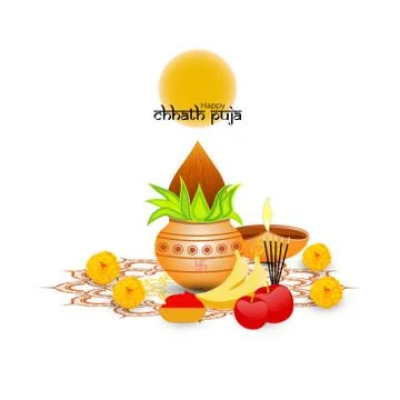 Vector Illustration of Sunrise and reflection on water. Chhath is an ancient  Stock Illustration