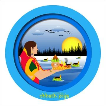Vector Illustration of Sunrise and reflection on water. Chhath is an ancient  Illustrazione stock