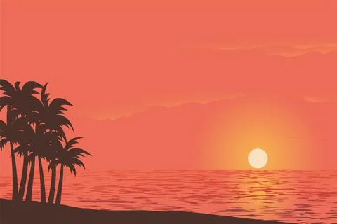 Vector illustration of a sunset in the sky with palm trees on the beach Stock Illustration