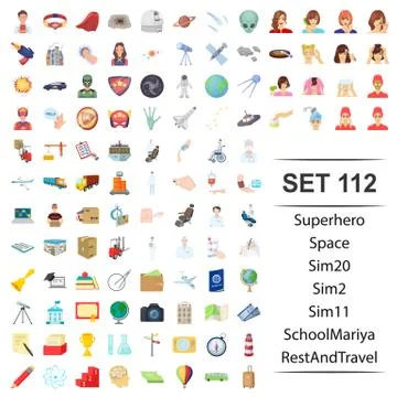 Vector illustration of superhero, space, school, rest travel icon set. Stock Illustration