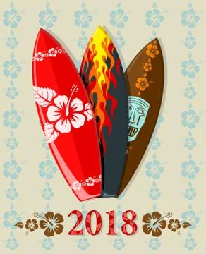 Vector illustration of surf boards with 2018 text Stock Illustration
