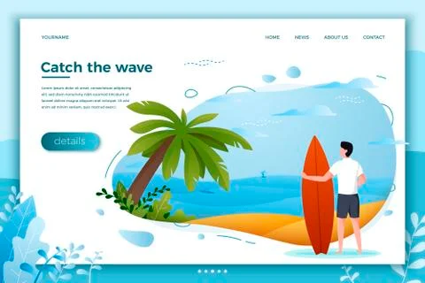 Vector illustration - surfing man on a beach. Palm, sand, ocean Stock Illustration