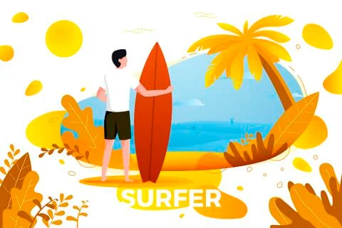 Vector illustration - surfing man on a beach. Palm, sand, ocean Stock Illustration