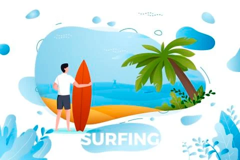 Vector illustration - surfing man on a beach. Palm, sand, ocean Stock Illustration