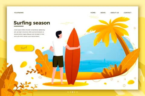 Vector illustration - surfing man on a beach. Palm, sand, ocean on background Stock Illustration
