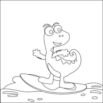 Vector illustration of surfing time with cute little dinosaurs at summer. Stock Illustration