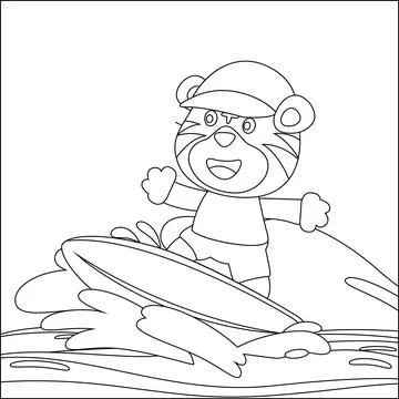Vector illustration of surfing time with cute little tiger at summer. Stock Illustration