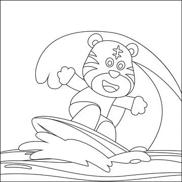 Vector illustration of surfing time with cute little tiger at summer. Child.. 스톡 일러스트