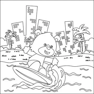 Vector illustration of surfing time with cute little bear at summer. Stock Illustration