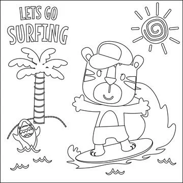 Vector illustration of surfing time with cute little tiger at summer beach Stock Illustration