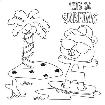 Vector illustration of surfing time with cute little bear at summer beach. Stock Illustration
