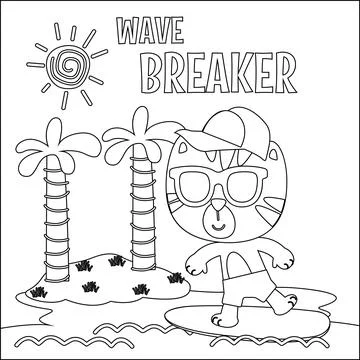 Vector illustration of surfing time with cute little tiger at summer beach. Stock Illustration