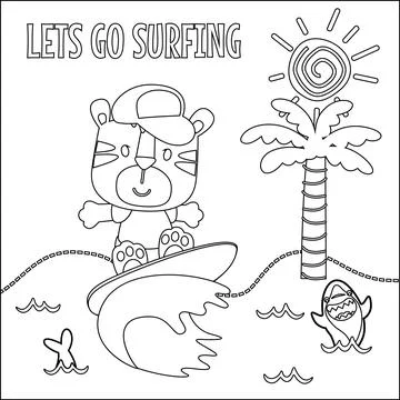 Vector illustration of surfing time with cute little tiger at summer beach. 스톡 일러스트