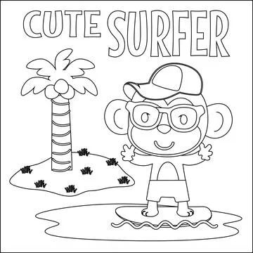 Vector illustration of surfing time with cute little monkey at summer beach.. Stock Illustration