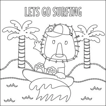 Vector illustration of surfing time with cute little lion at summer beach. Stock Illustration