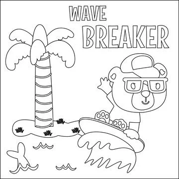 Vector illustration of surfing time with cute little bear at summer beach. 스톡 일러스트