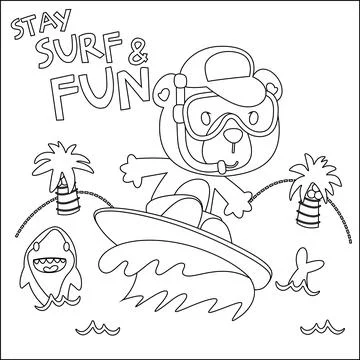 Vector illustration of surfing time with cute little bear at summer beach. Stock Illustration