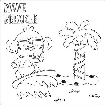 Vector illustration of surfing time with cute little monkey at summer beach.. Stock Illustration