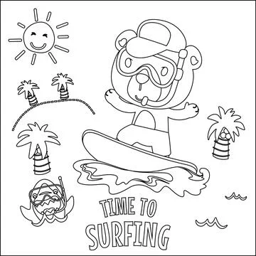 Vector illustration of surfing time with cute little bear at summer beach. Stock Illustration