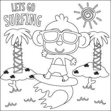 Vector illustration of surfing time with cute little monkey at summer beach Stock Illustration