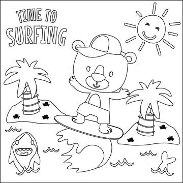 Vector illustration of surfing time with cute little bear at summer beach. Stock Illustration