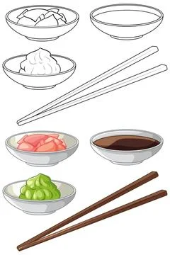 Vector Illustration of Sushi Condiments with Wasabi Ginger and Soy Sauce Illustrazione stock
