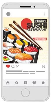 Vector illustration of a sushi restaurant mobile app post with nigiri, rolls, Stock Illustration
