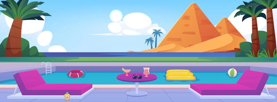 Vector illustration with a swimming pool on background of the sea, pyramids a Stock Illustration